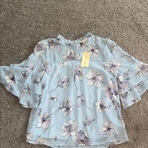 Floral Ruffle Sleeve Top - Blue